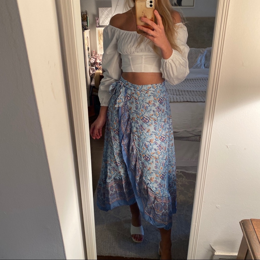 π BOHO BLUE FLORAL WRAP HIGH WAIST RUFFLE MAXI SKIRT! - Picture 6 of 8